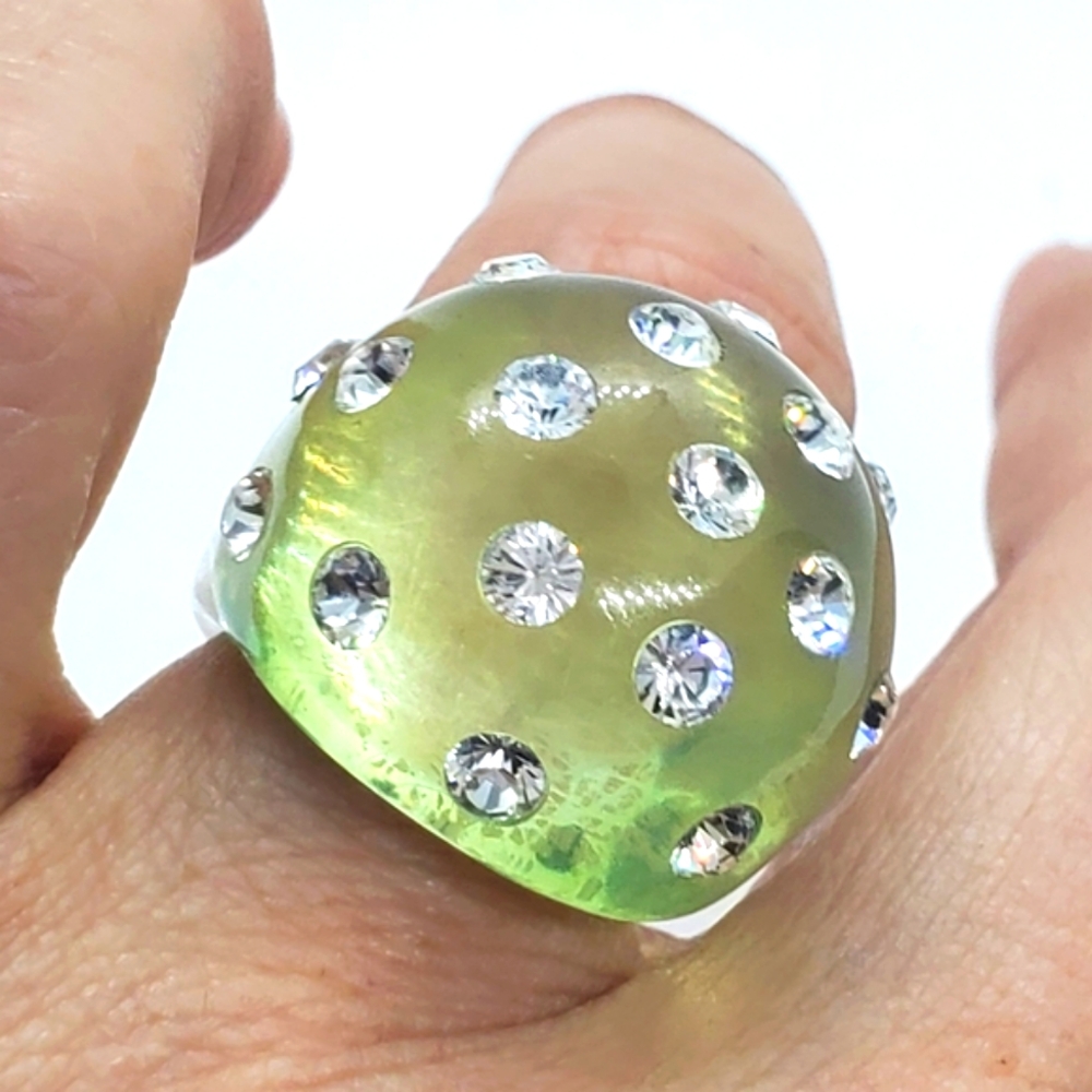 PINKY - Size 6 1/2 -size M -Green and Silver Minimalist Ring With Rhinestones